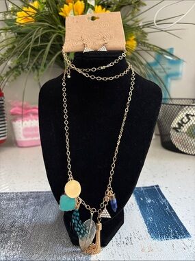 RSVP Gold-tone Layered Necklace with Turquoise and Blue Charms & Earrings.